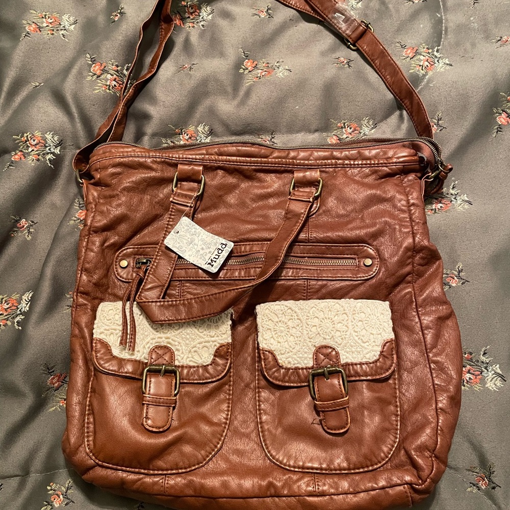 NWT Y2K Brown Crossbody Tote Bag with Crochet Pocket Detail